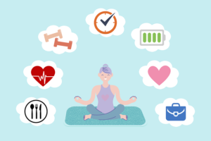 cartoon woman sitting on a yoga mat surrounded by health symbols.
