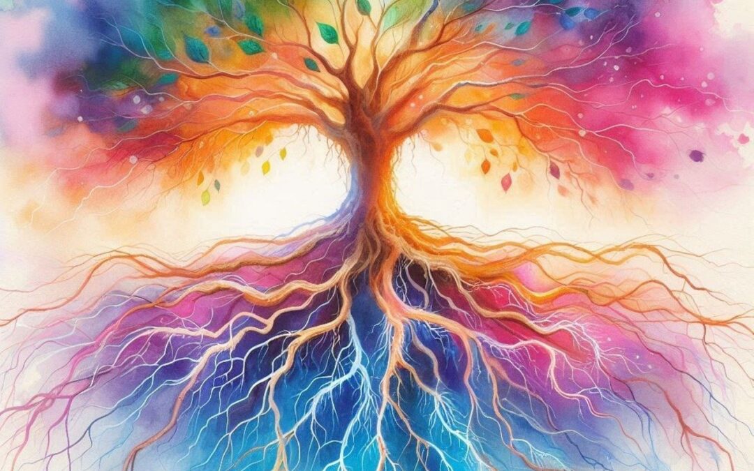 colorful tree with roots into the earth