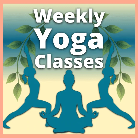 Three teal silhouettes in yoga poses surrounded by leaves and soft colors — weekly yoga classes in Austin and online with Tej.