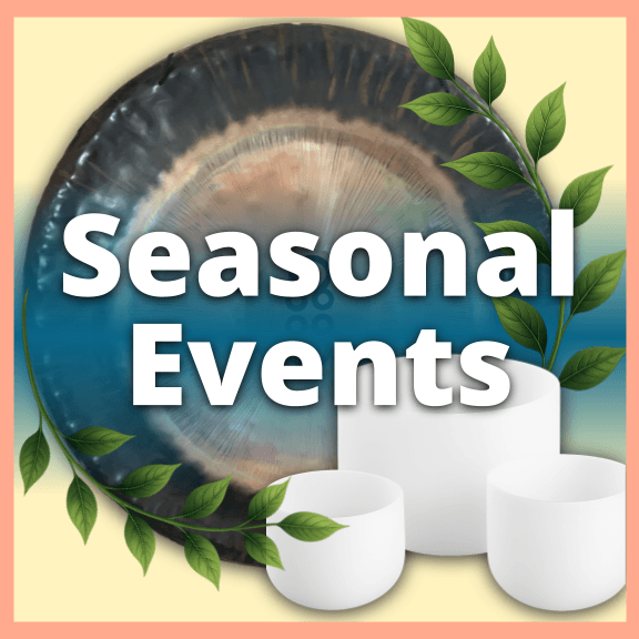 Gong, crystal singing bowls, and leafy vines with the text Events & Retreats — sound healing and immersive spiritual gatherings with Tej.